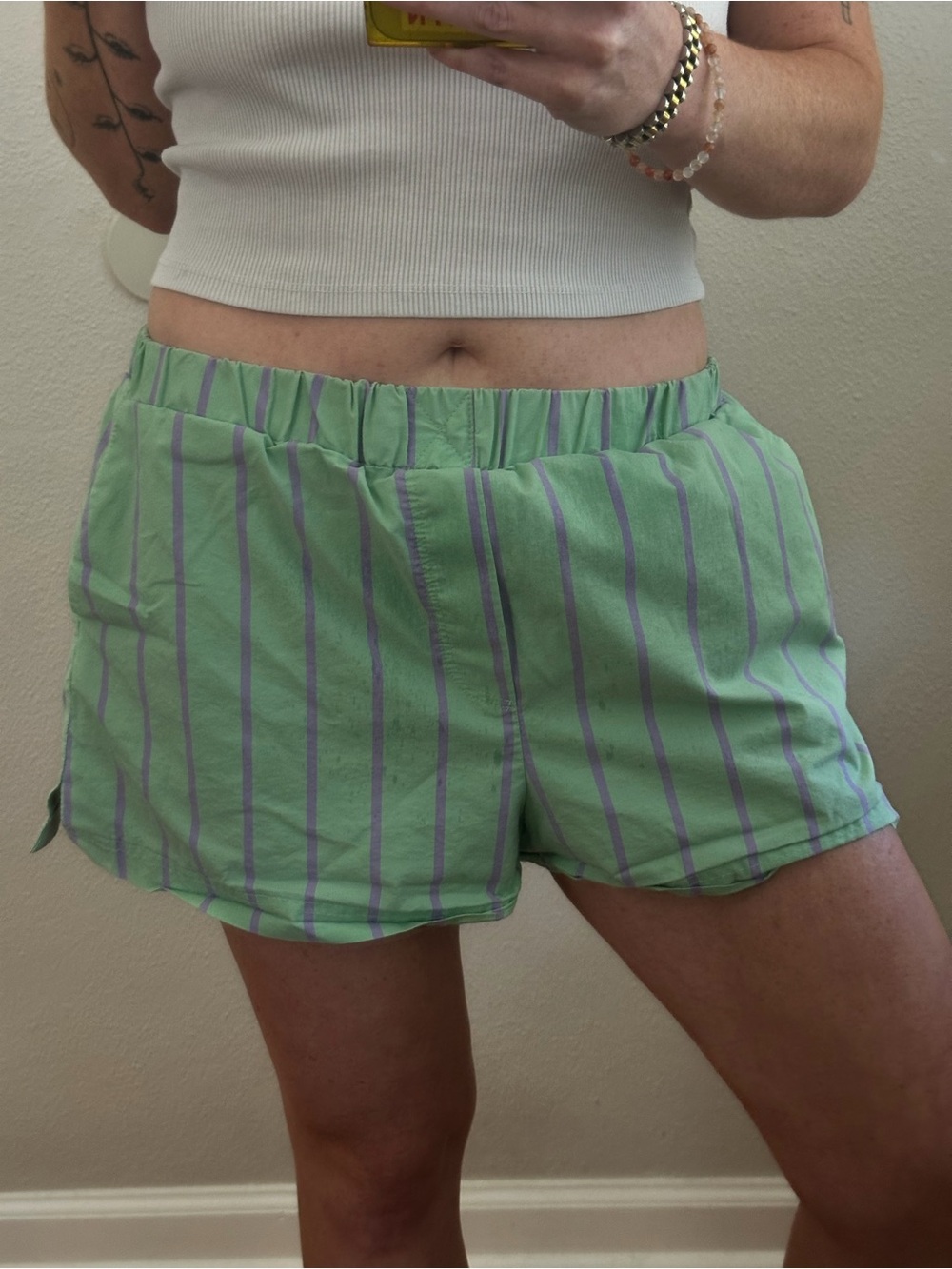 Zara Light Green Lounge Shorts with Lavender Stripes